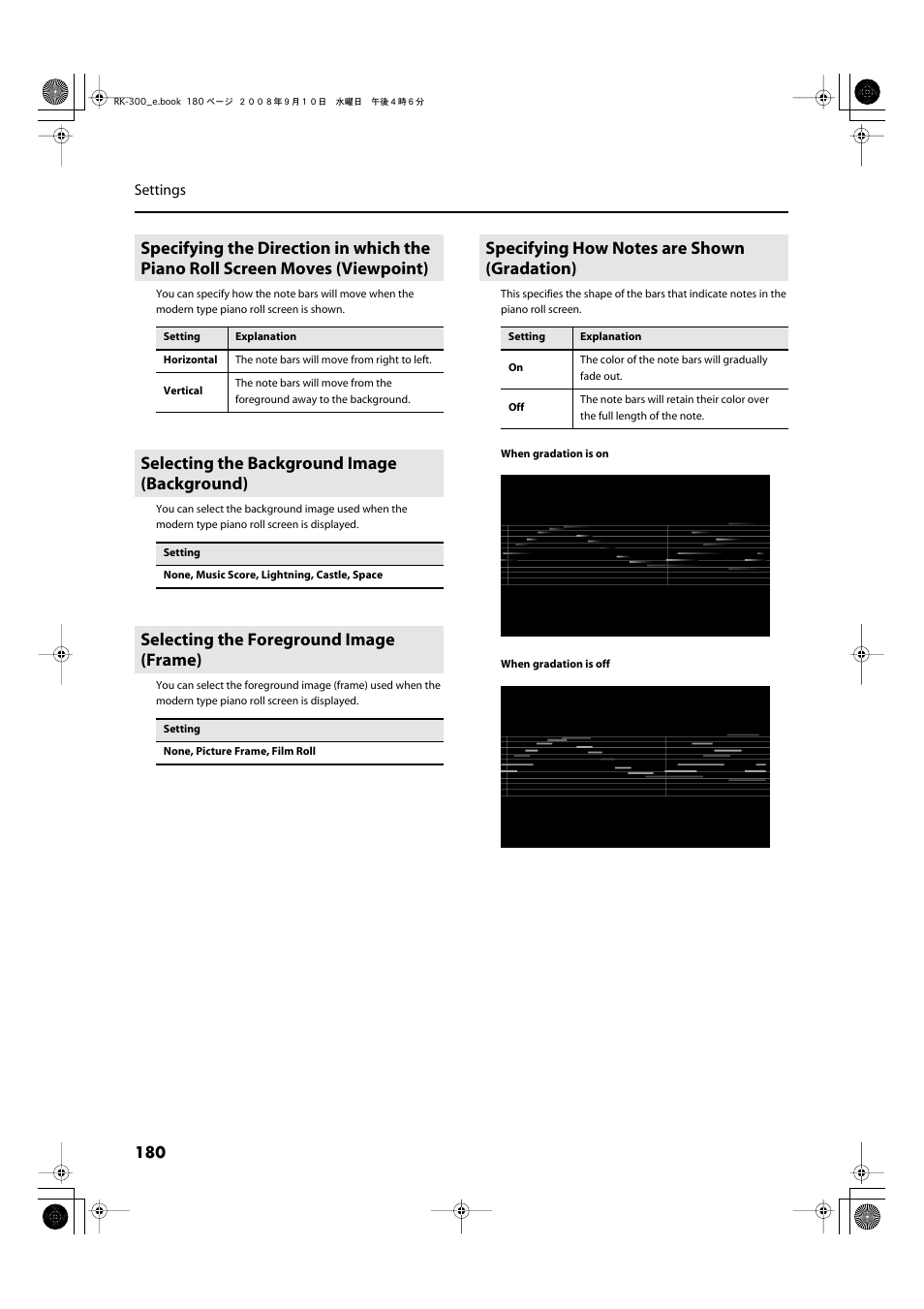 Selecting the background image (background), Selecting the foreground image (frame), Specifying how notes are shown (gradation) | Roland RK-300 User Manual | Page 180 / 228