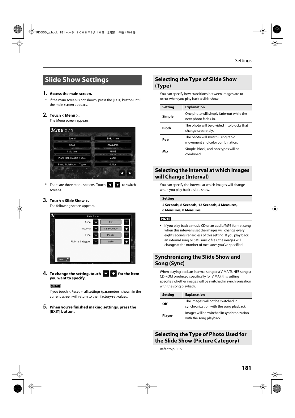 Slide show settings, Selecting the type of slide show (type), Synchronizing the slide show and song (sync) | Roland RK-300 User Manual | Page 181 / 228