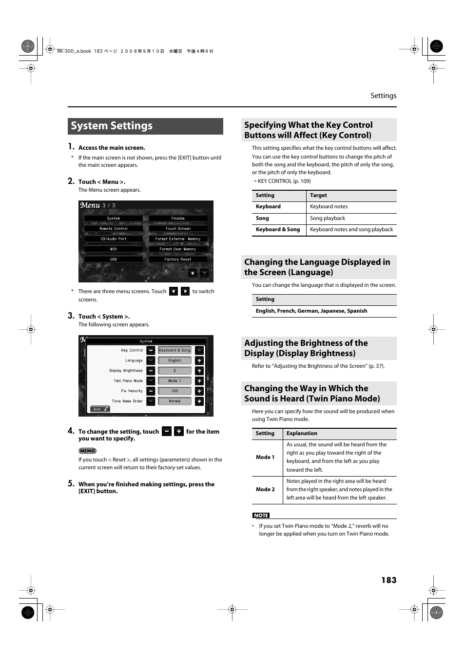 System settings, Key control setting (p. 183) | Roland RK-300 User Manual | Page 183 / 228