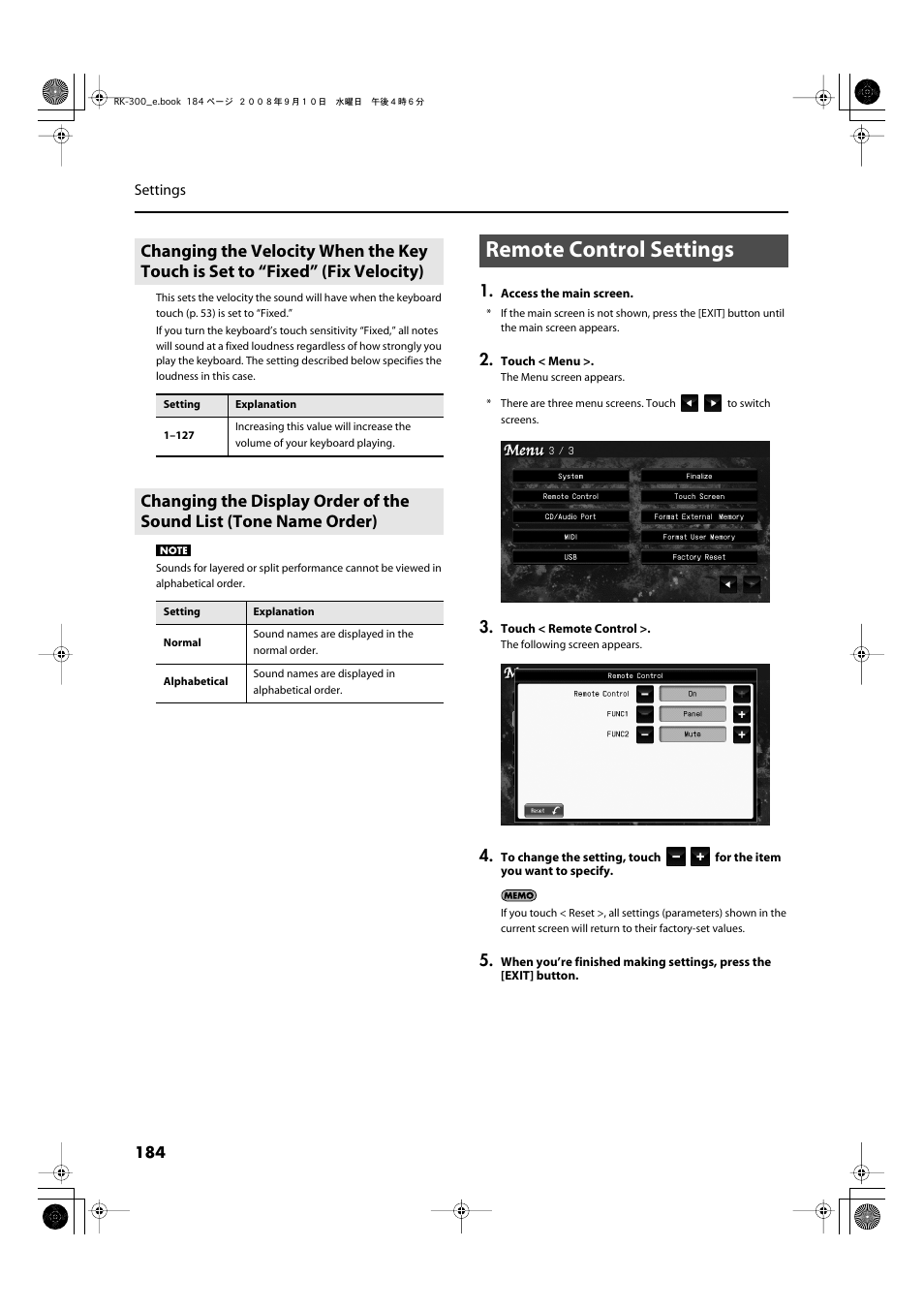 Remote control settings | Roland RK-300 User Manual | Page 184 / 228