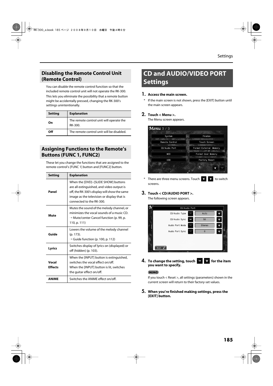 Disabling the remote control unit (remote control), Cd and audio/video port settings | Roland RK-300 User Manual | Page 185 / 228