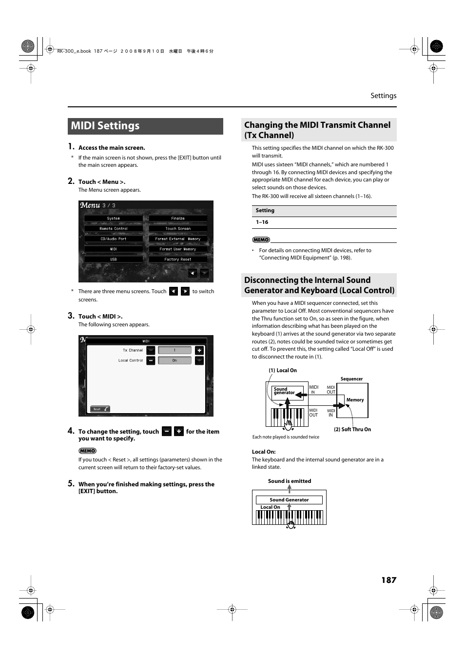 Midi settings, Changing the midi transmit channel (tx channel) | Roland RK-300 User Manual | Page 187 / 228