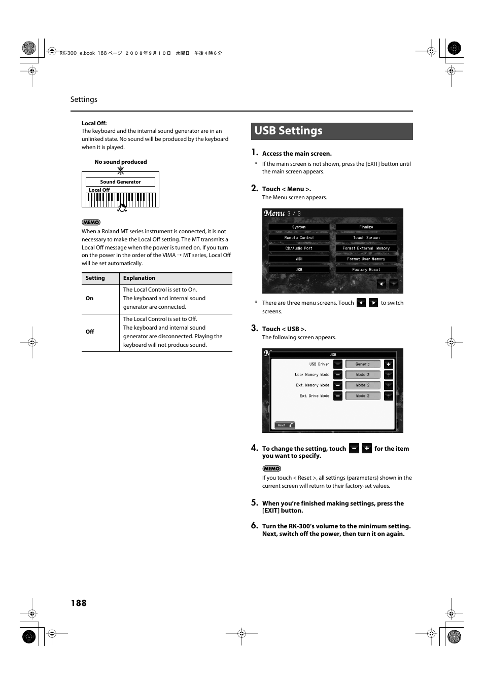 Usb settings | Roland RK-300 User Manual | Page 188 / 228