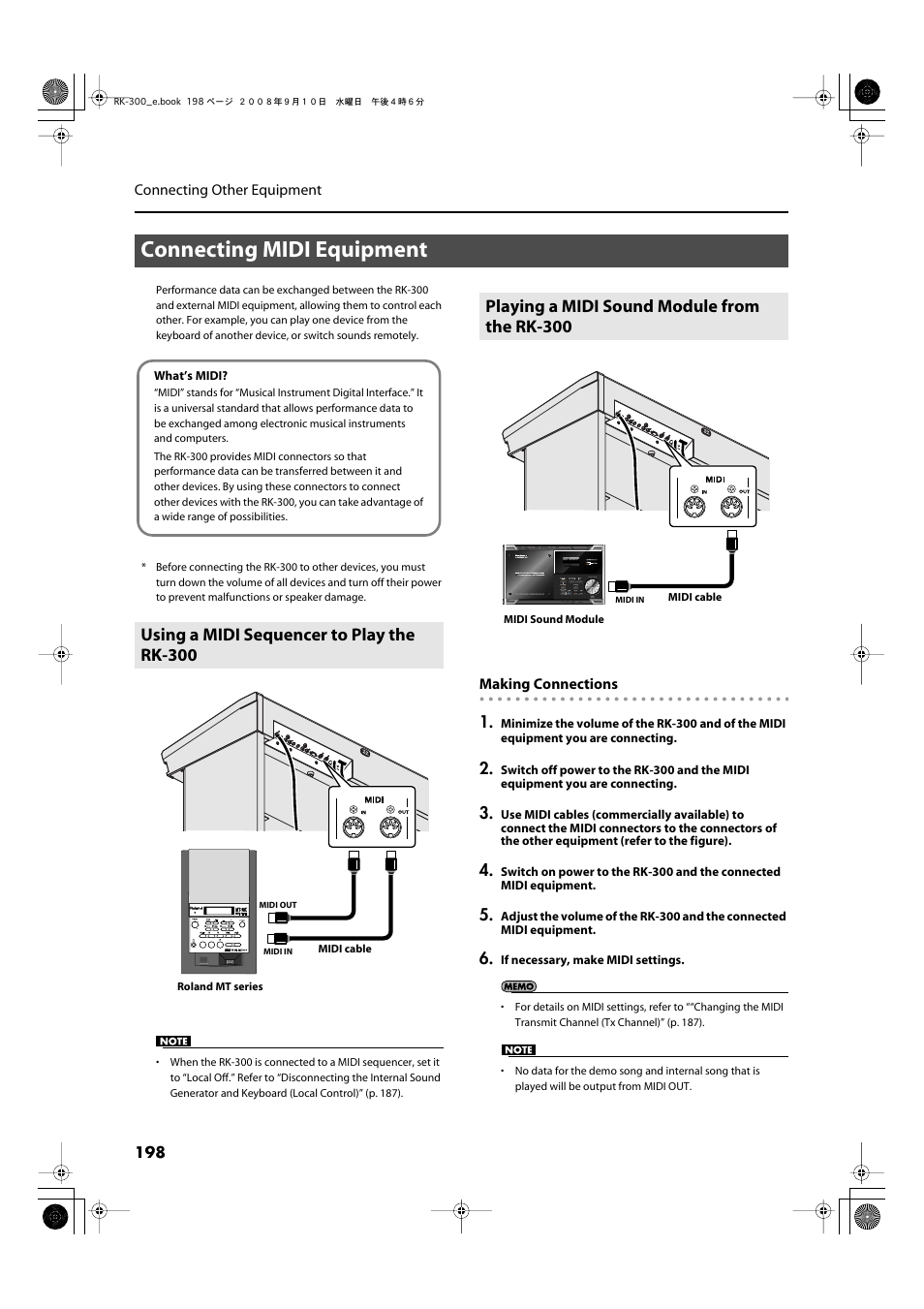 Connecting midi equipment, Using a midi sequencer to play the rk-300, Playing a midi sound module from the rk-300 | Performance information (p. 198) | Roland RK-300 User Manual | Page 198 / 228