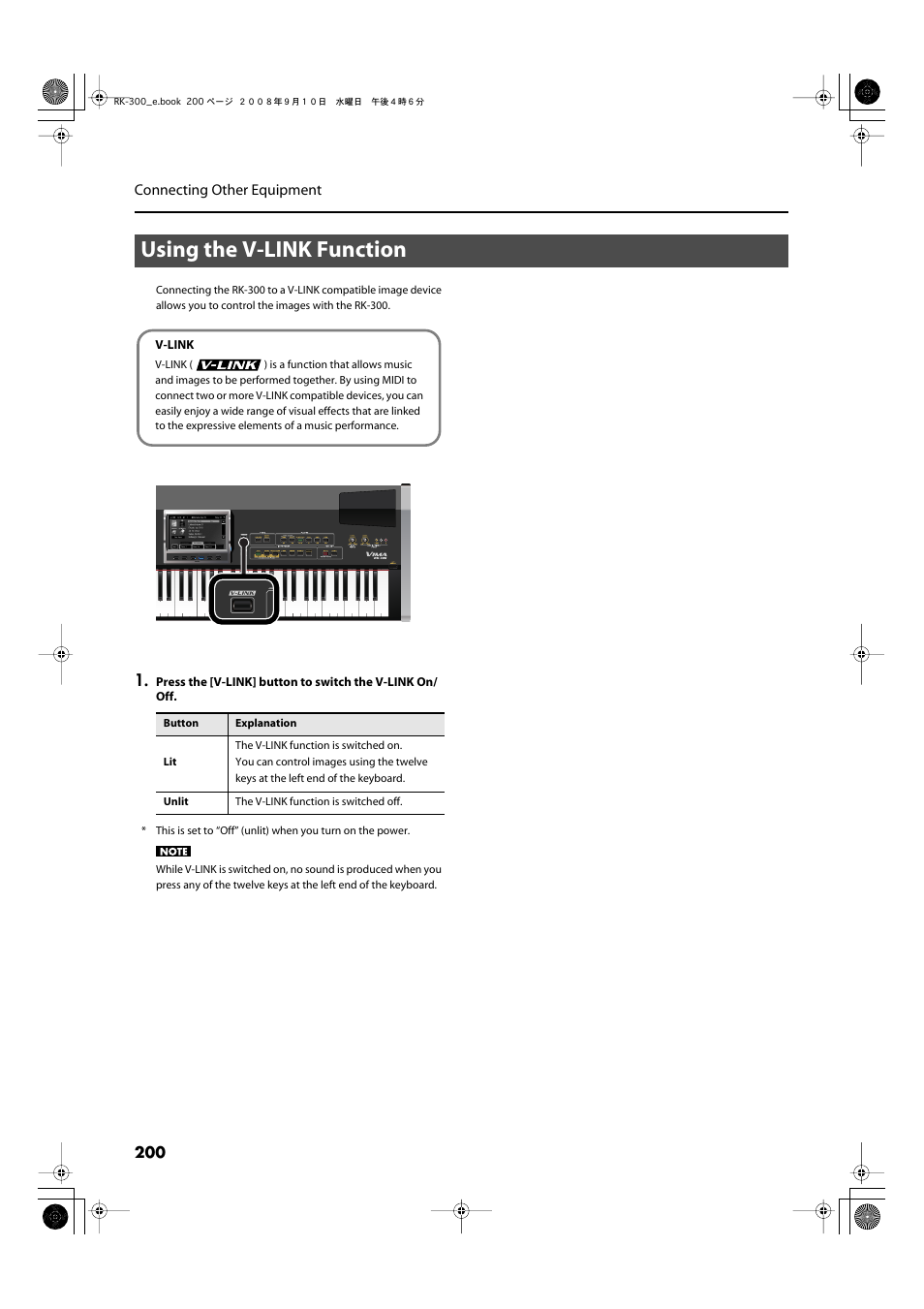 Using the v-link function | Roland RK-300 User Manual | Page 200 / 228