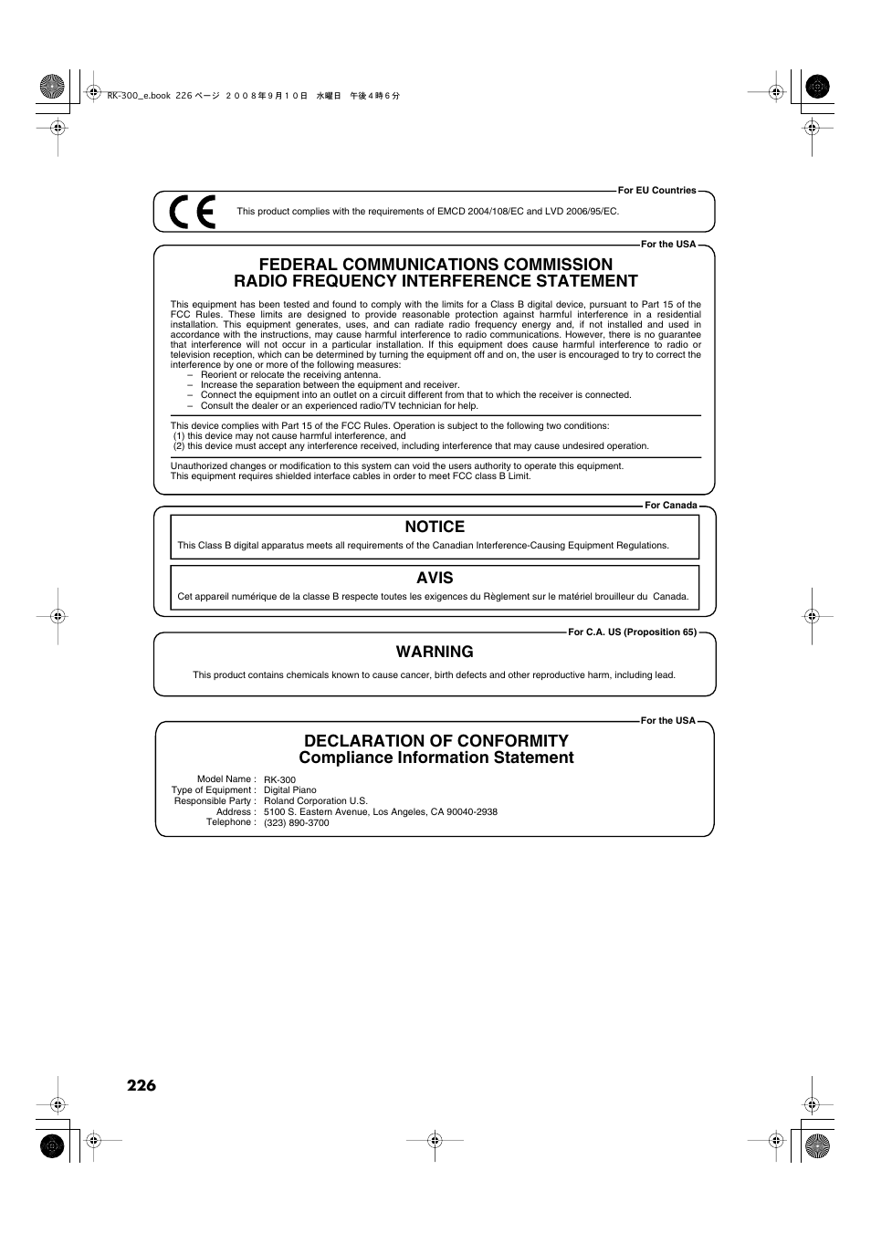 Notice avis, Warning | Roland RK-300 User Manual | Page 226 / 228