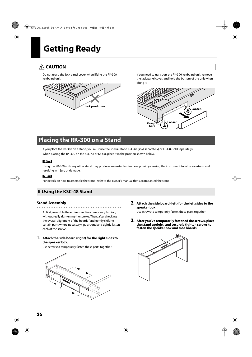 Getting ready, Placing the rk-300 on a stand, If using the ksc-48 stand | Caution | Roland RK-300 User Manual | Page 26 / 228