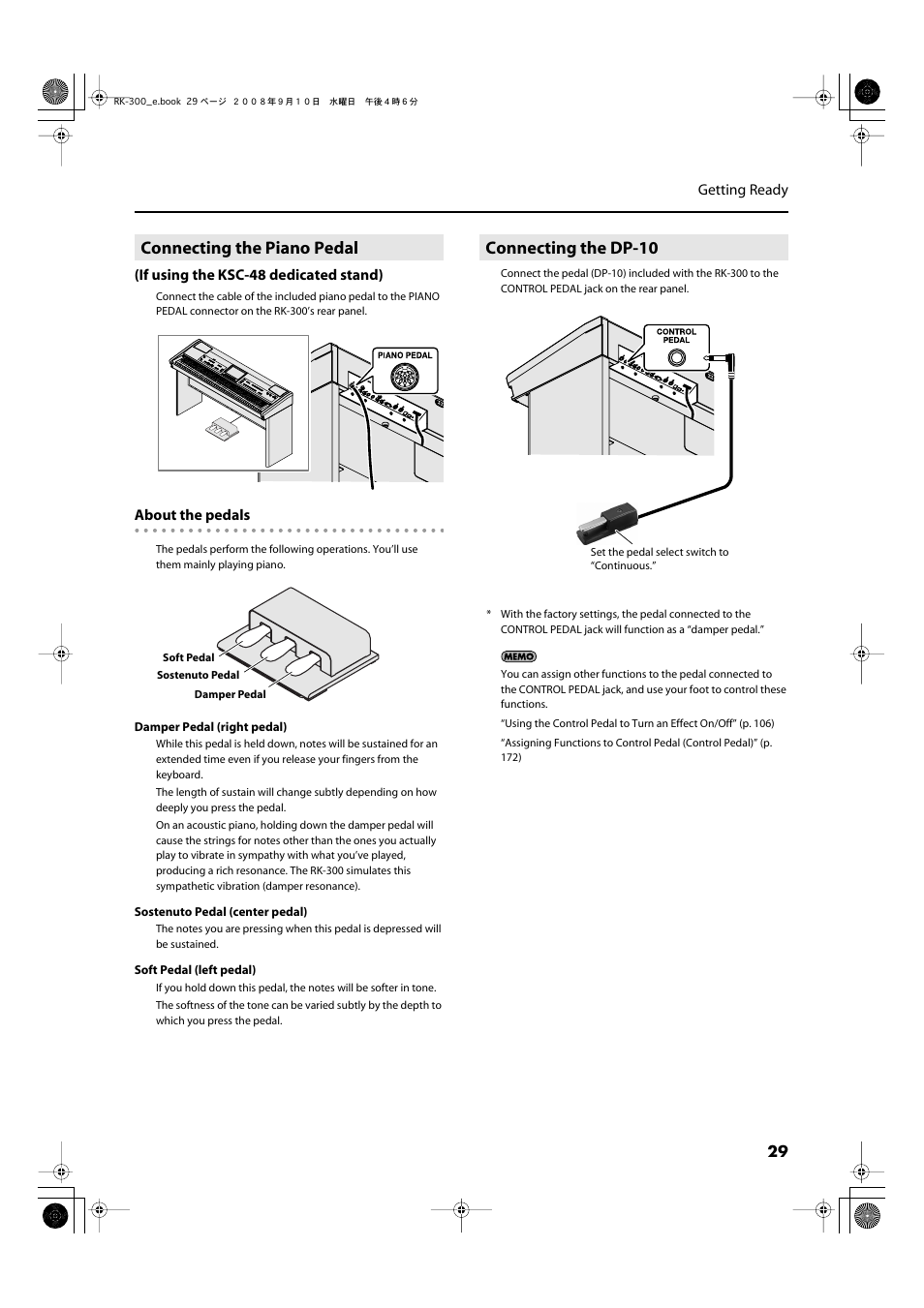 Connecting the piano pedal, Connecting the dp-10, Connecting the piano pedal connecting the dp-10 | Connect the piano pedal here (p. 29) | Roland RK-300 User Manual | Page 29 / 228