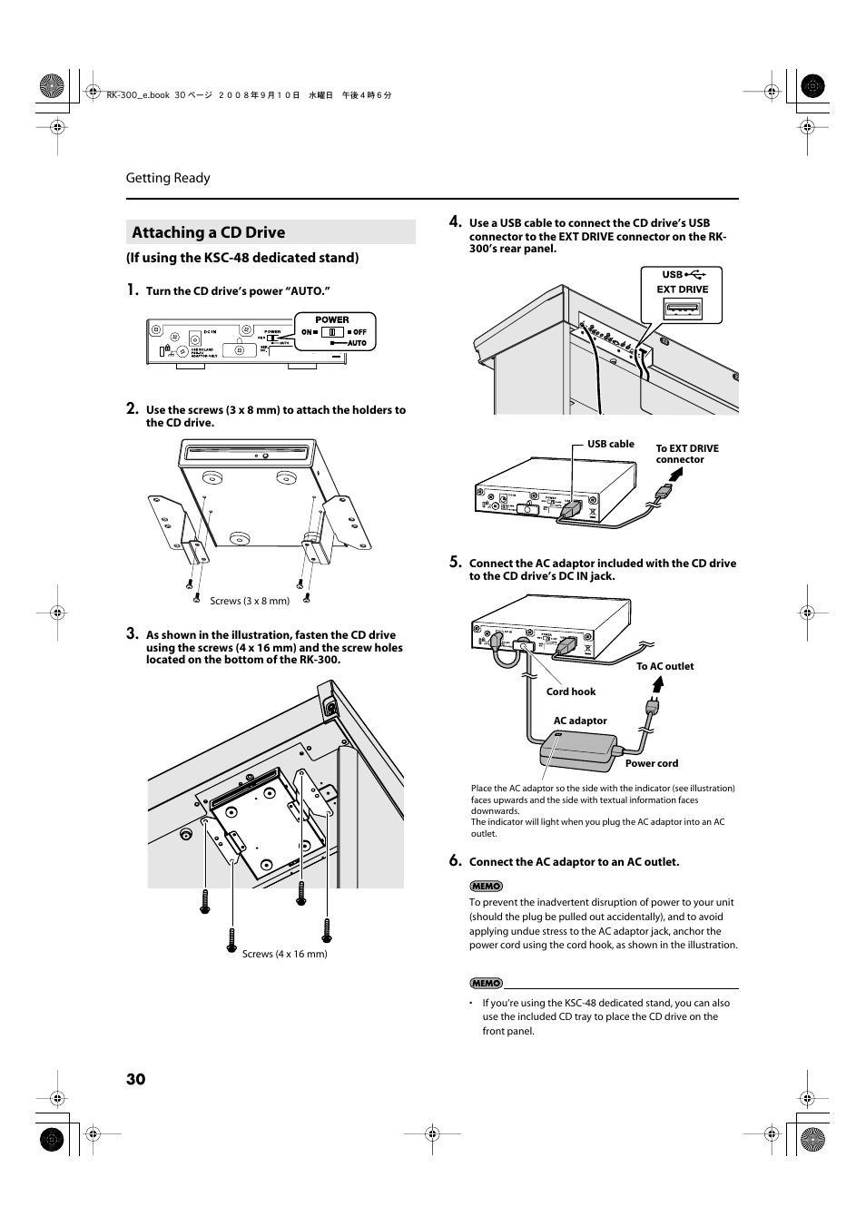 Attaching a cd drive, Connect a usb cd drive here (p. 30) | Roland RK-300 User Manual | Page 30 / 228