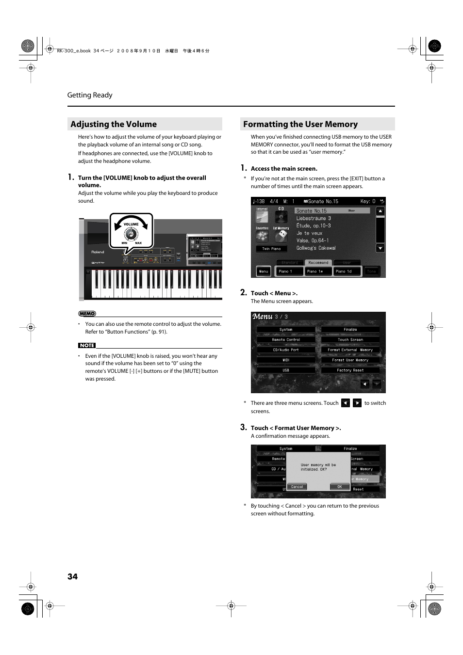 Adjusting the volume, Formatting the user memory, Adjusting the volume formatting the user memory | Roland RK-300 User Manual | Page 34 / 228