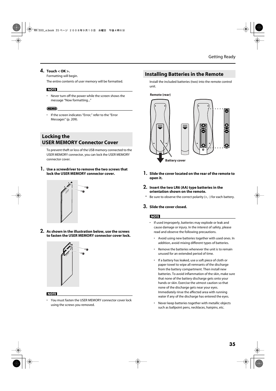 Locking the user memory connector cover, Installing batteries in the remote | Roland RK-300 User Manual | Page 35 / 228