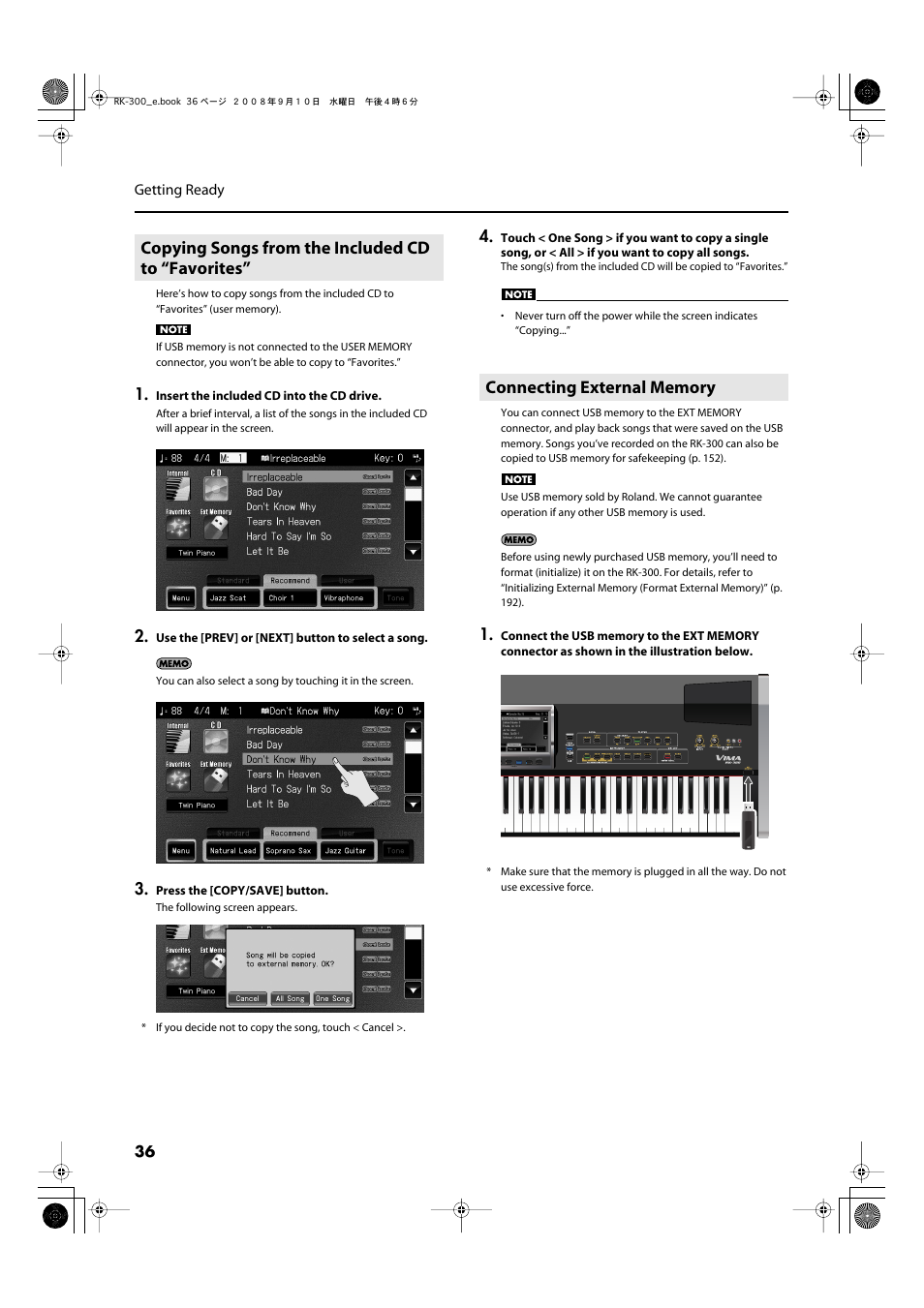 Copying songs from the included cd to “favorites, Connecting external memory | Roland RK-300 User Manual | Page 36 / 228