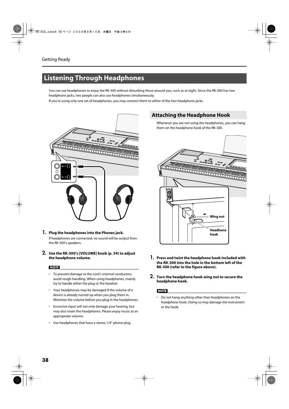 Listening through headphones, Attaching the headphone hook, The headphones (p. 38) | To use two headphones simultaneously (p. 38) | Roland RK-300 User Manual | Page 38 / 228