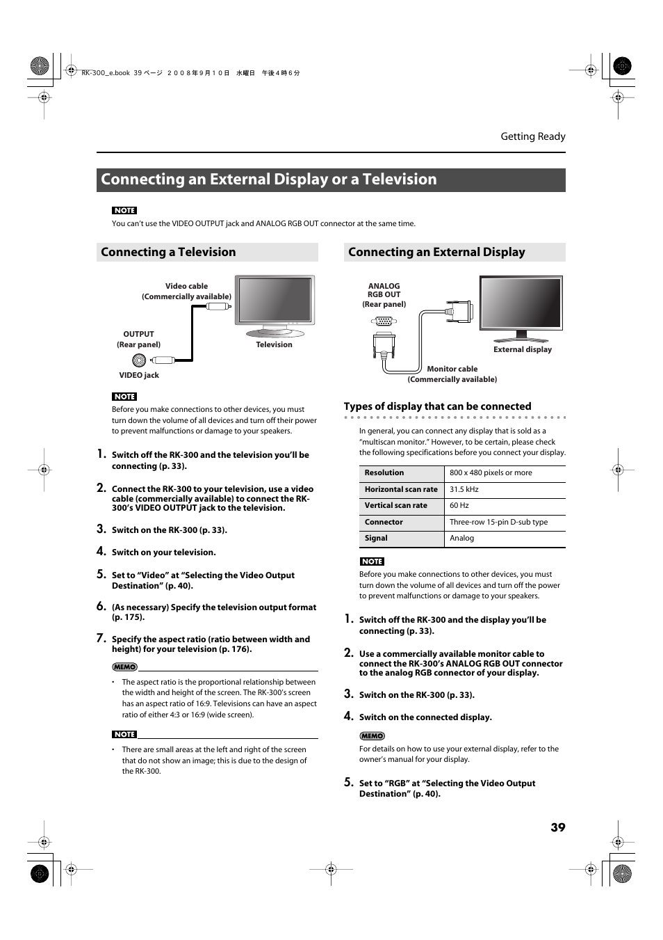 Connecting an external display or a television, Connecting a television, Connecting an external display | Connect a television here to view images (p. 39) | Roland RK-300 User Manual | Page 39 / 228