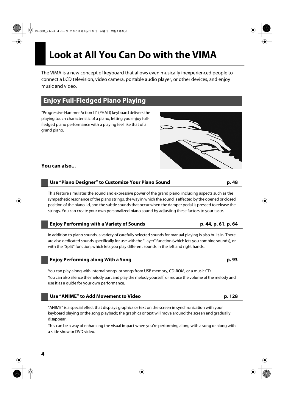 Look at all you can do with the vima, Enjoy full-fledged piano playing | Roland RK-300 User Manual | Page 4 / 228