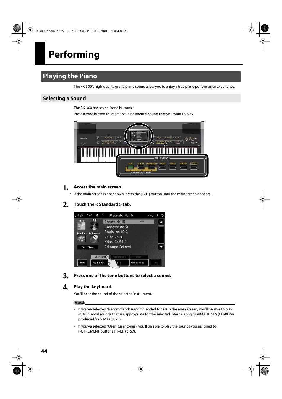 Performing, Playing the piano, Selecting a sound | You’ll play from the keyboard (p. 44) | Roland RK-300 User Manual | Page 44 / 228