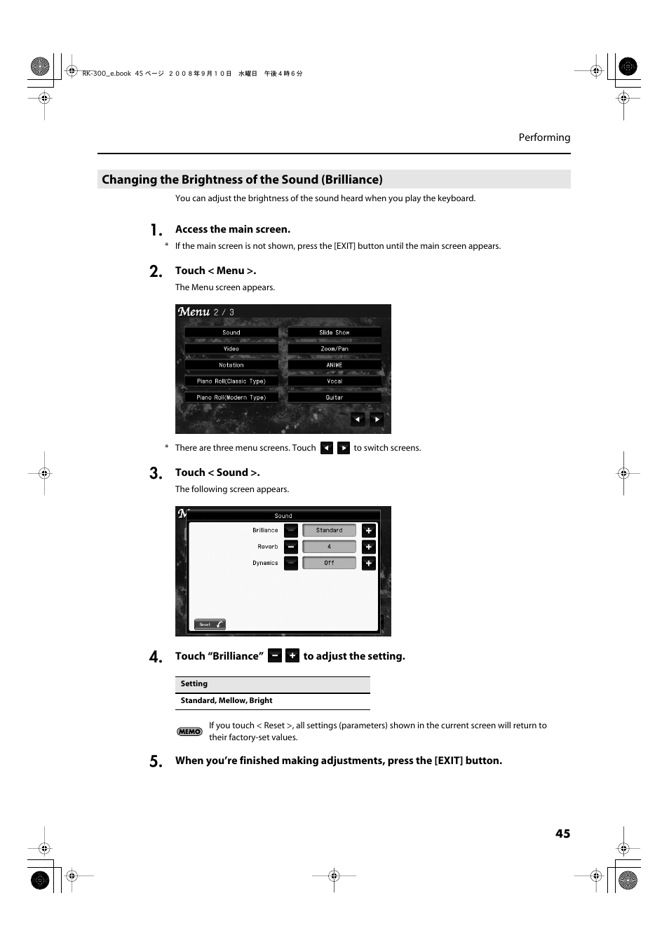 Changing the brightness of the sound (brilliance) | Roland RK-300 User Manual | Page 45 / 228