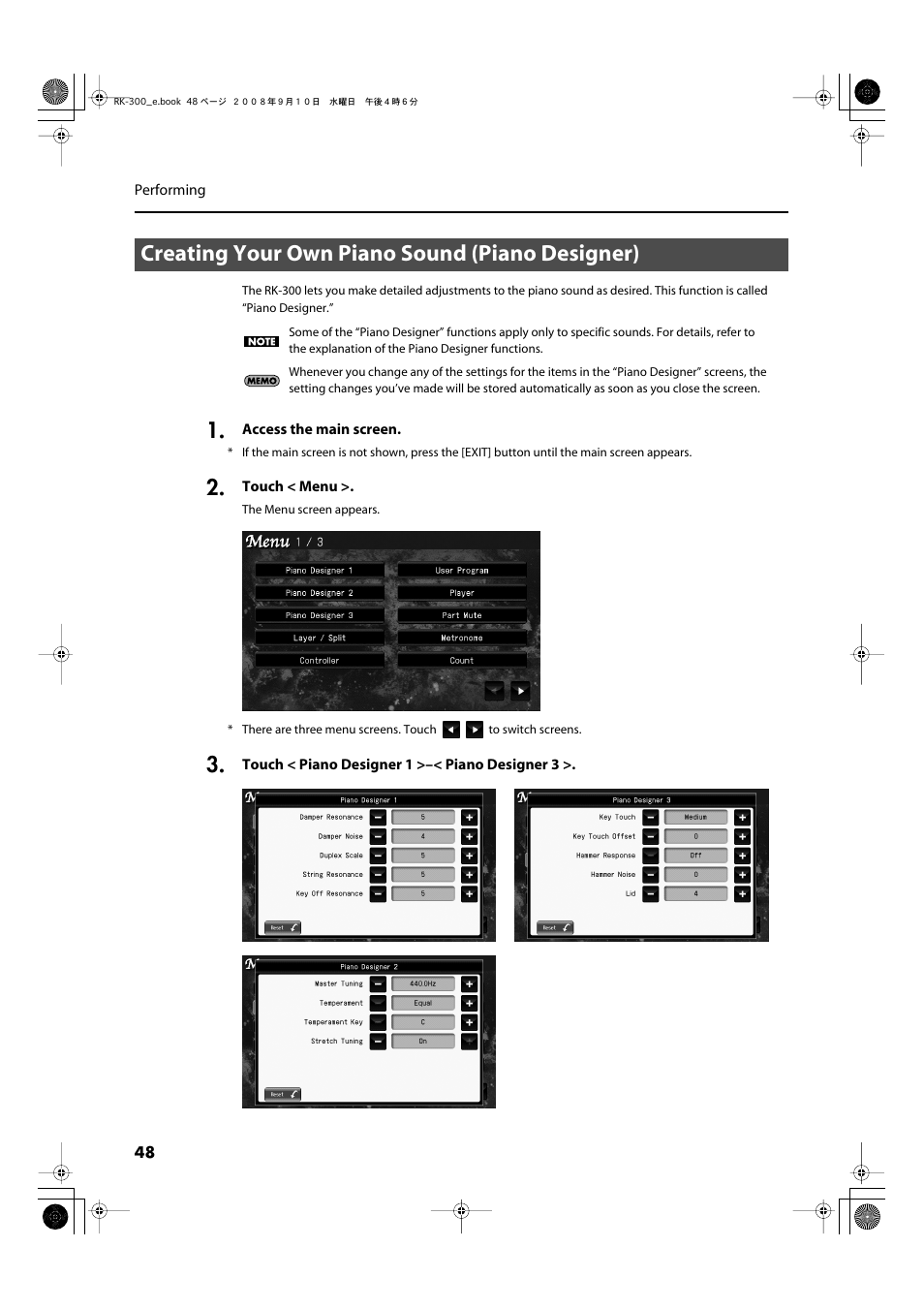 Creating your own piano sound (piano designer) | Roland RK-300 User Manual | Page 48 / 228