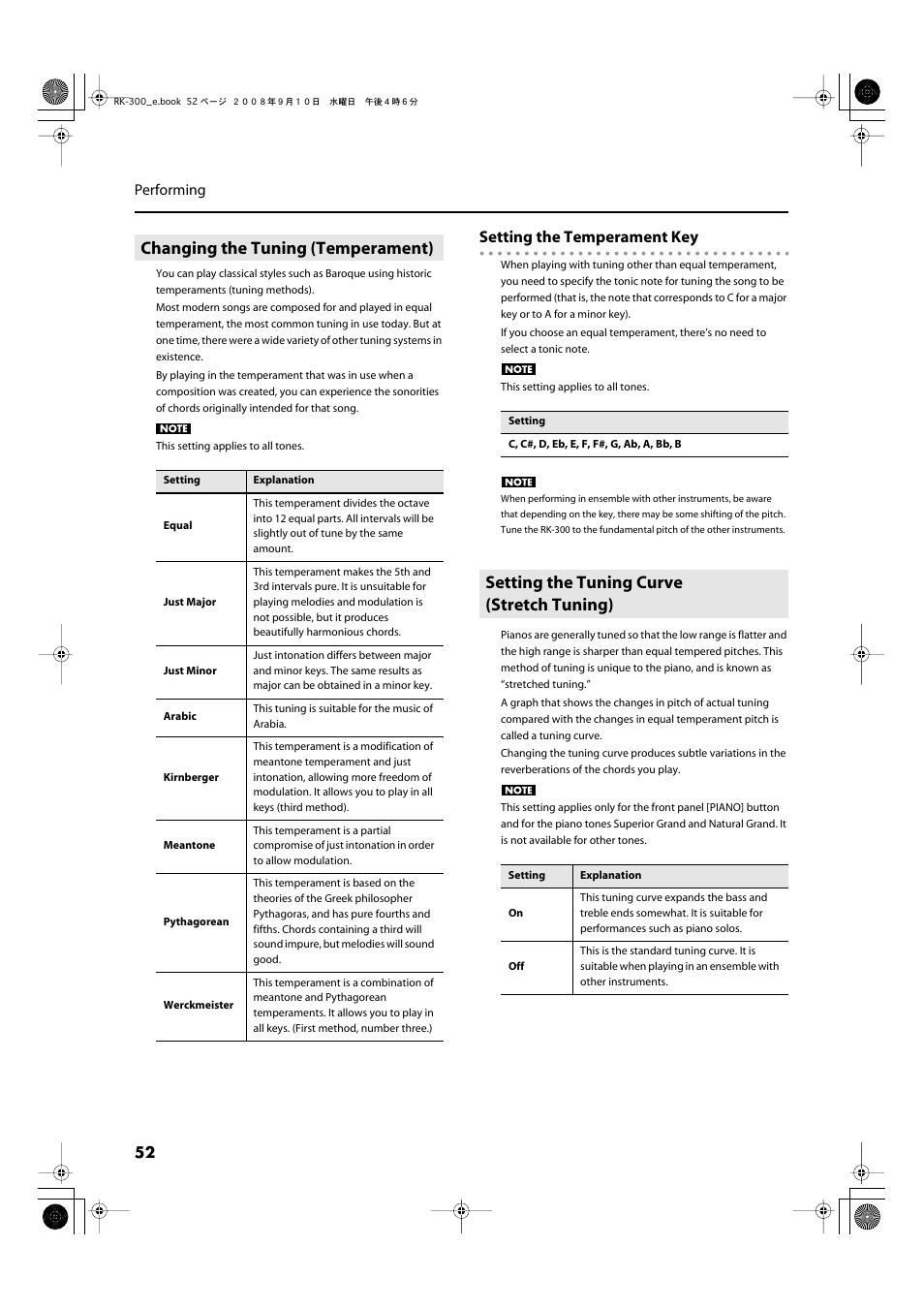 Changing the tuning (temperament), Setting the tuning curve (stretch tuning), P. 52 | Setting the temperament key, 52 performing | Roland RK-300 User Manual | Page 52 / 228