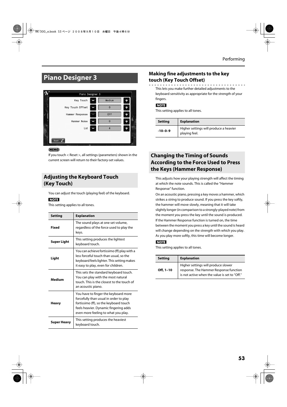 Piano designer 3, Adjusting the keyboard touch (key touch), P. 53 | Roland RK-300 User Manual | Page 53 / 228