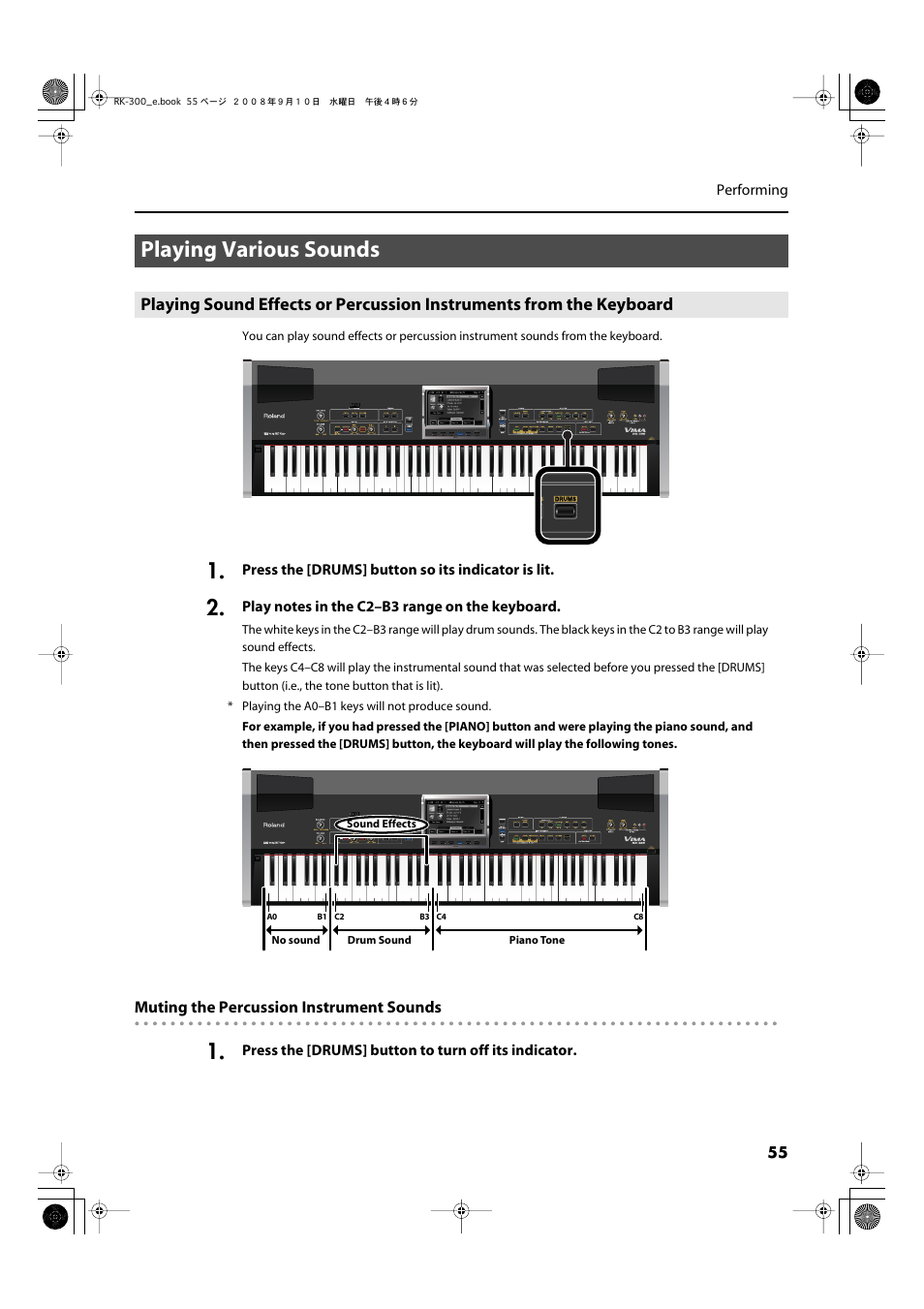 Playing various sounds | Roland RK-300 User Manual | Page 55 / 228