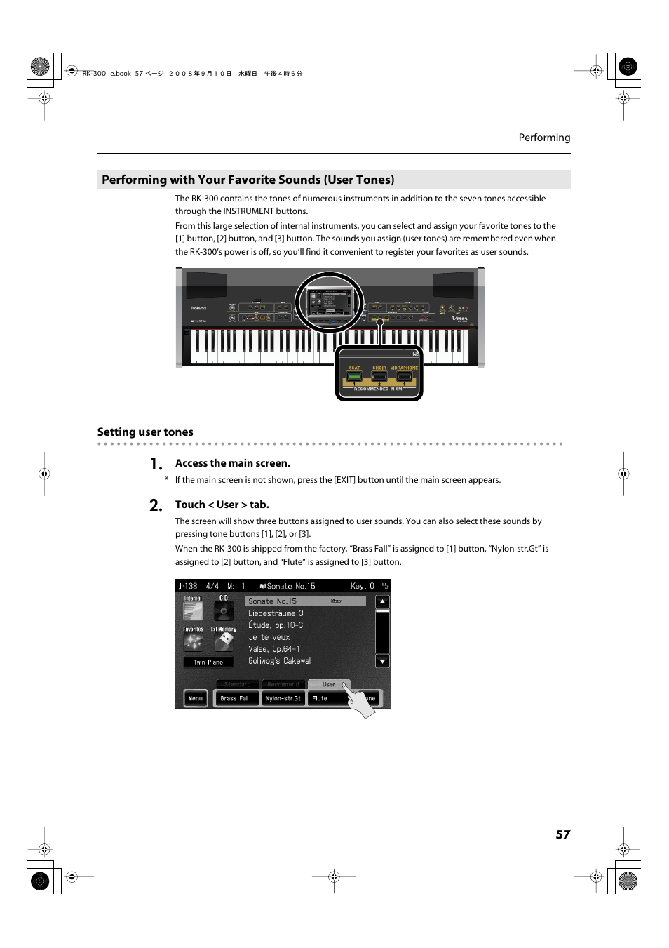 Performing with your favorite sounds (user tones) | Roland RK-300 User Manual | Page 57 / 228