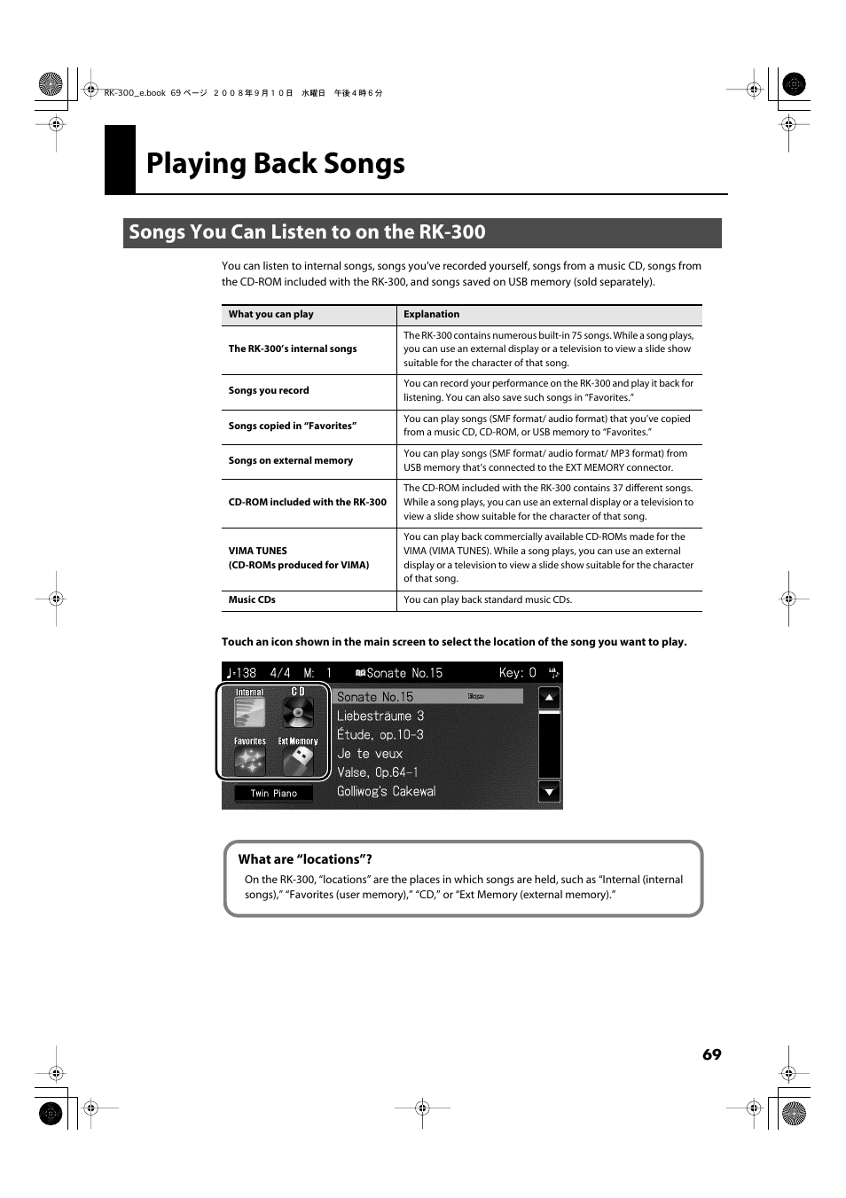 Playing back songs, Songs you can listen to on the rk-300 | Roland RK-300 User Manual | Page 69 / 228