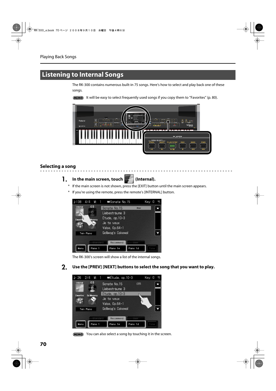 Listening to internal songs | Roland RK-300 User Manual | Page 70 / 228