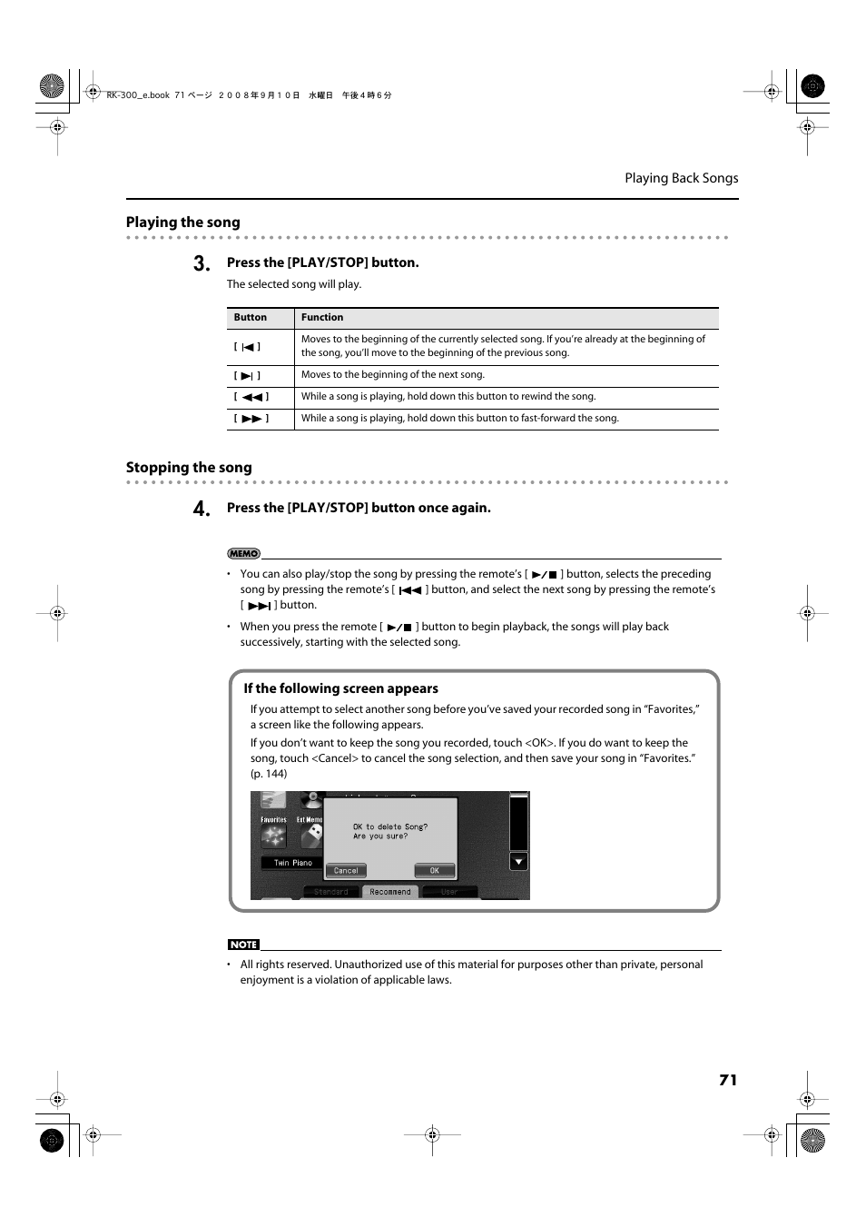 Playing the song, Stopping the song | Roland RK-300 User Manual | Page 71 / 228