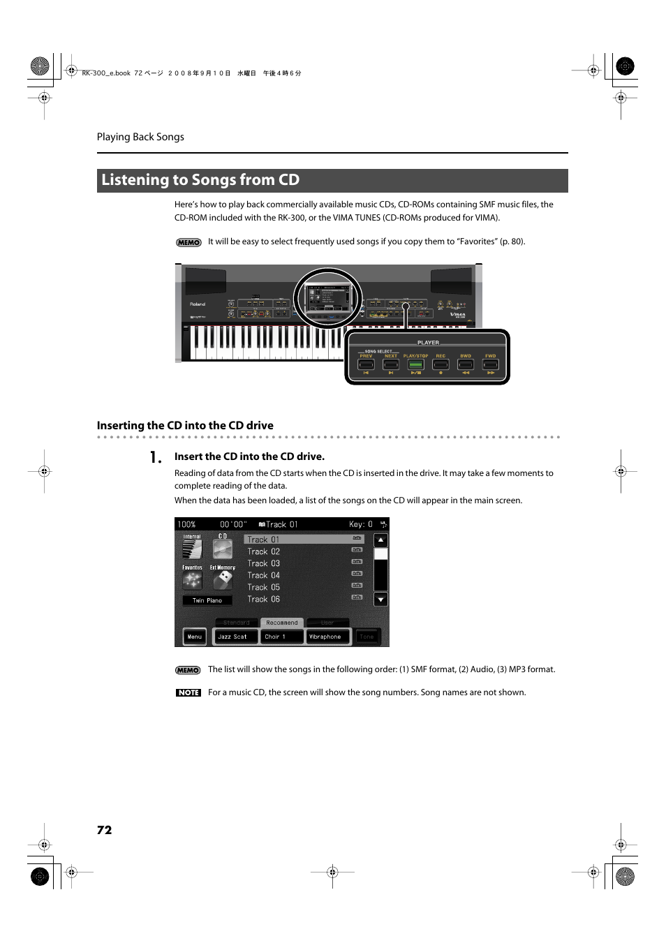 Listening to songs from cd | Roland RK-300 User Manual | Page 72 / 228