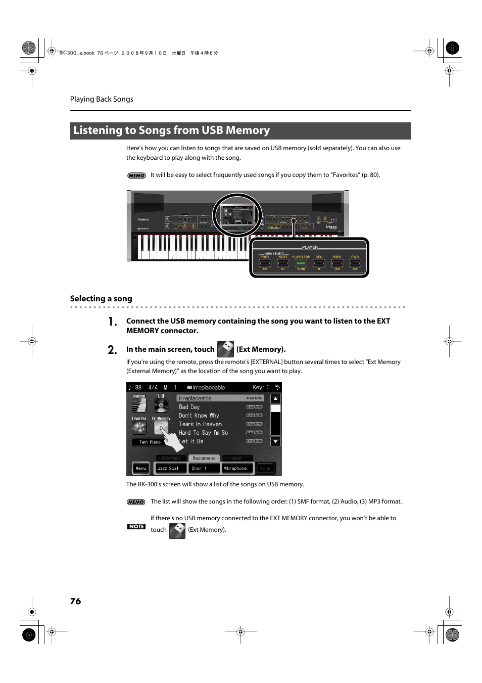 Listening to songs from usb memory | Roland RK-300 User Manual | Page 76 / 228