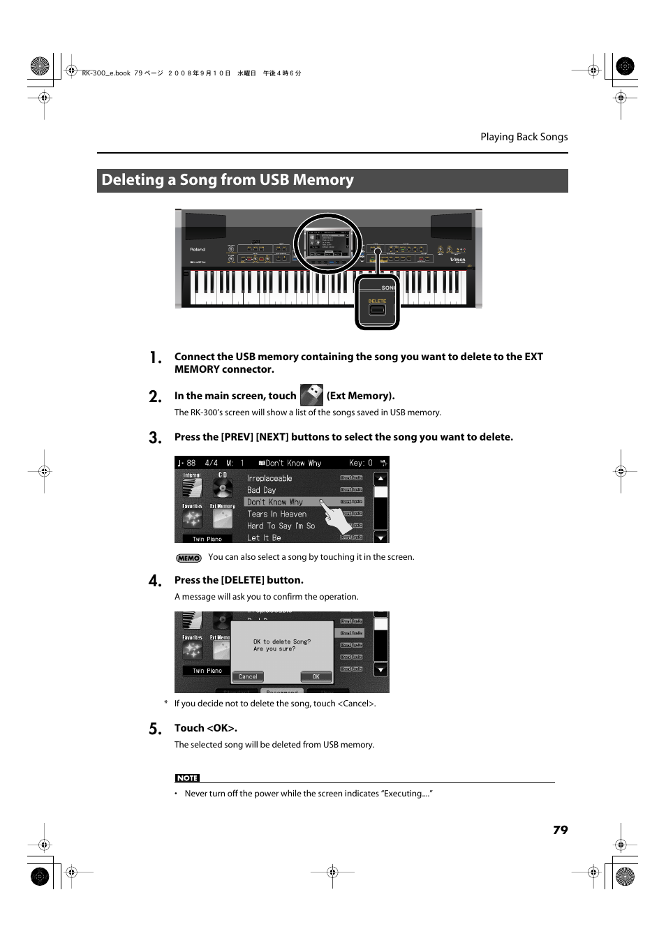 Deleting a song from usb memory, Use this button to delete a song (p. 79, p. 87) | Roland RK-300 User Manual | Page 79 / 228