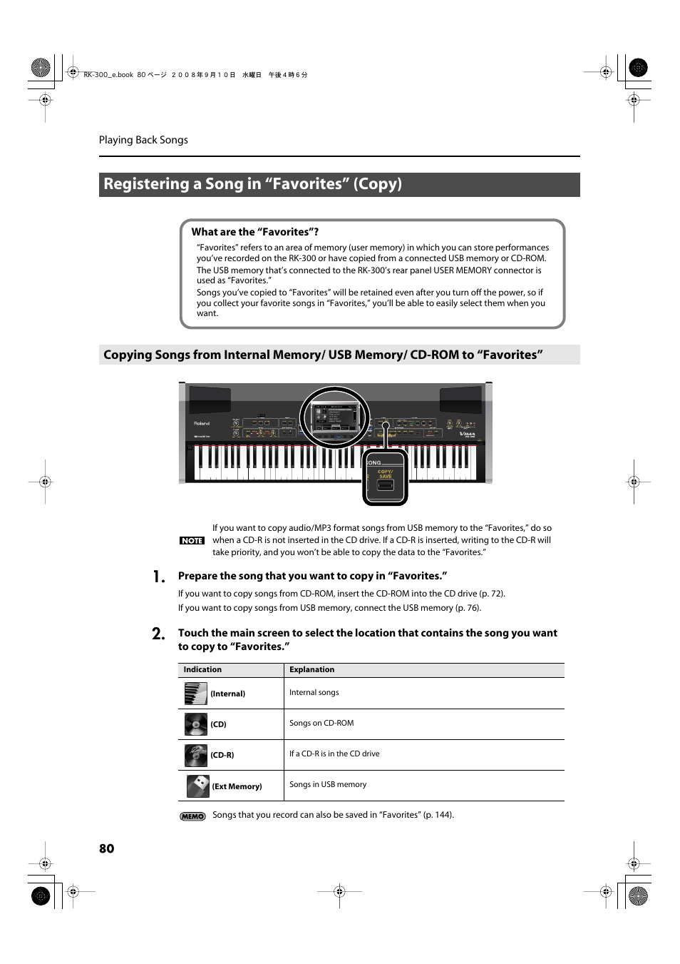 Registering a song in “favorites” (copy), Favorites” memory (p. 80) for saving your recorded | Roland RK-300 User Manual | Page 80 / 228