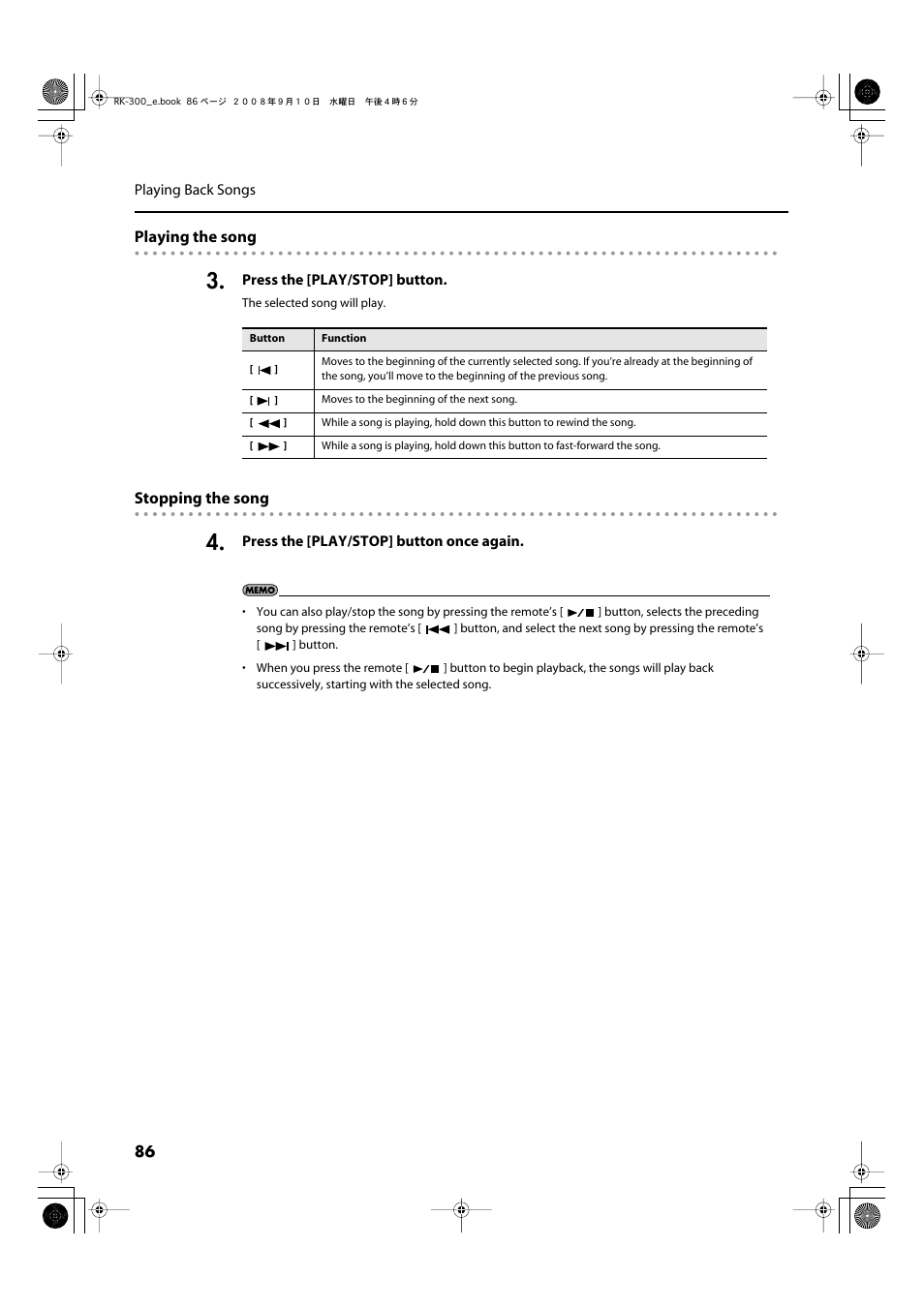 Playing the song, Stopping the song | Roland RK-300 User Manual | Page 86 / 228