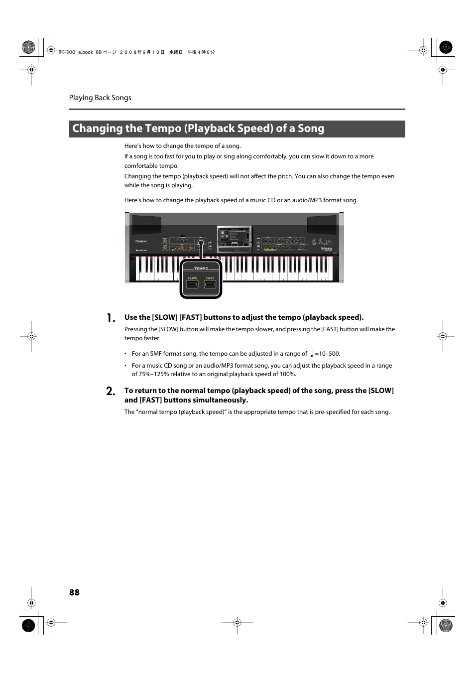 Changing the tempo (playback speed) of a song | Roland RK-300 User Manual | Page 88 / 228