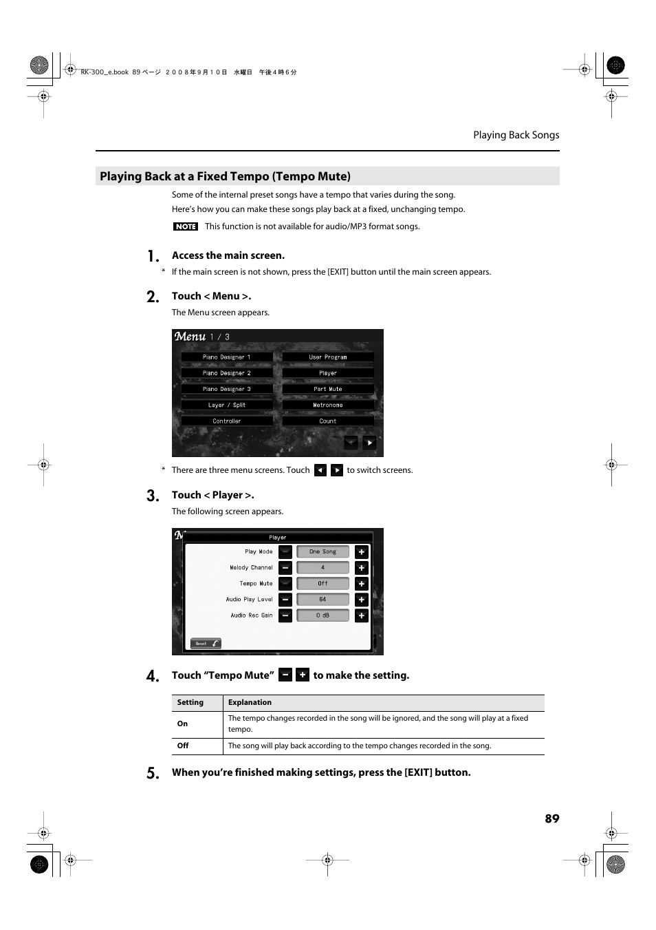 Playing back at a fixed tempo (tempo mute) | Roland RK-300 User Manual | Page 89 / 228