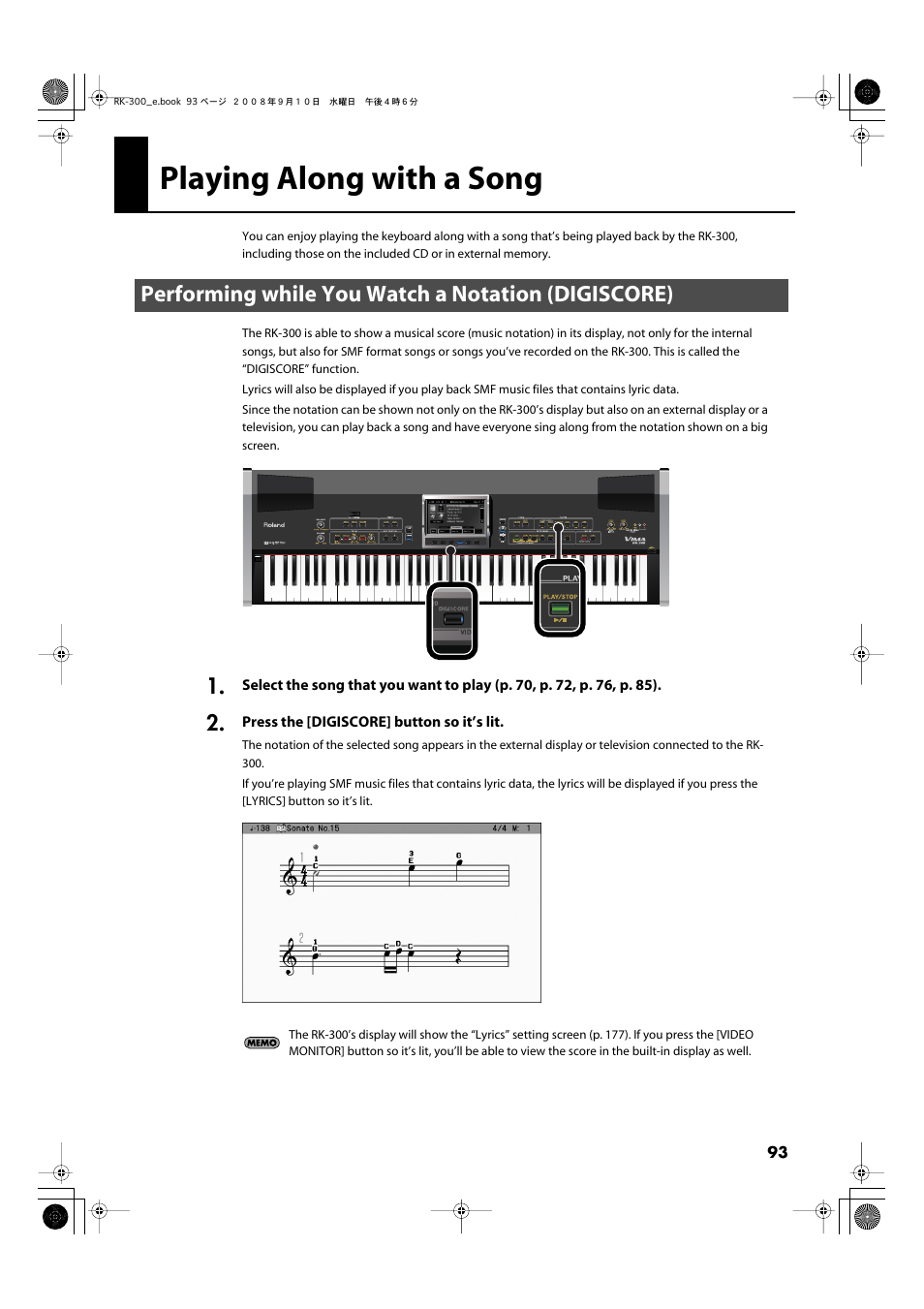 Playing along with a song, Performing while you watch a notation (digiscore) | Roland RK-300 User Manual | Page 93 / 228