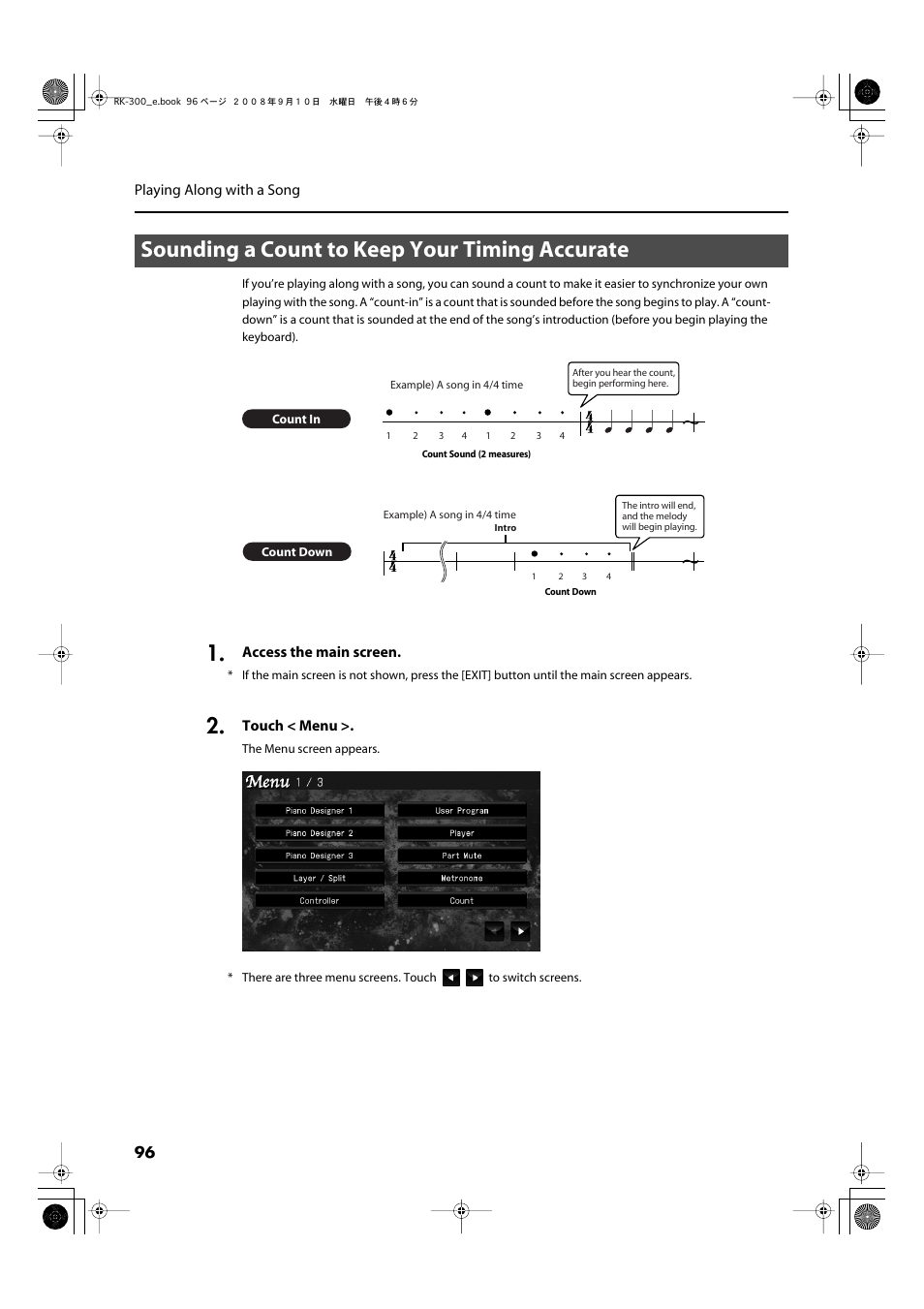 Sounding a count to keep your timing accurate | Roland RK-300 User Manual | Page 96 / 228