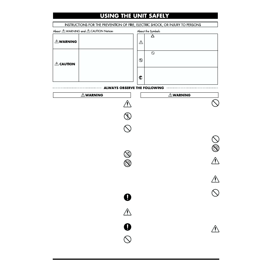 Using the unit safely | Roland DP-1000 User Manual | Page 4 / 29