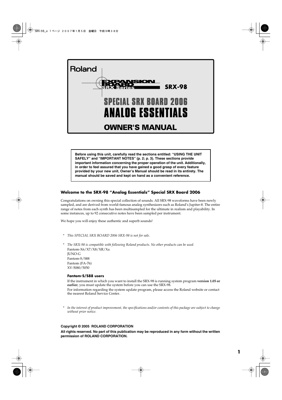 Roland SRX-98 User Manual | 4 pages