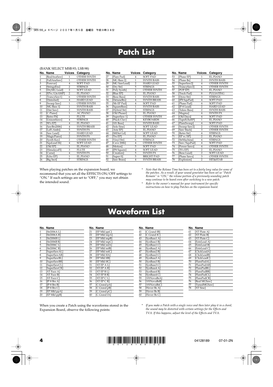Patch list, Waveform list | Roland SRX-98 User Manual | Page 4 / 4