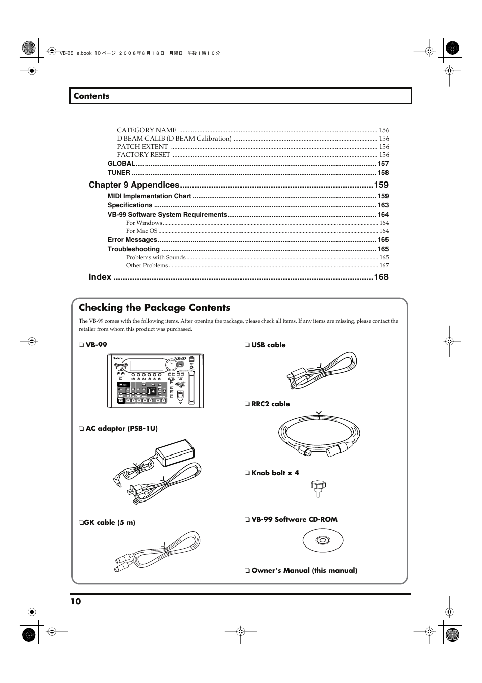 Checking the package contents, Chapter 9 appendices, Index | Roland V-Bass VB-99 User Manual | Page 10 / 184