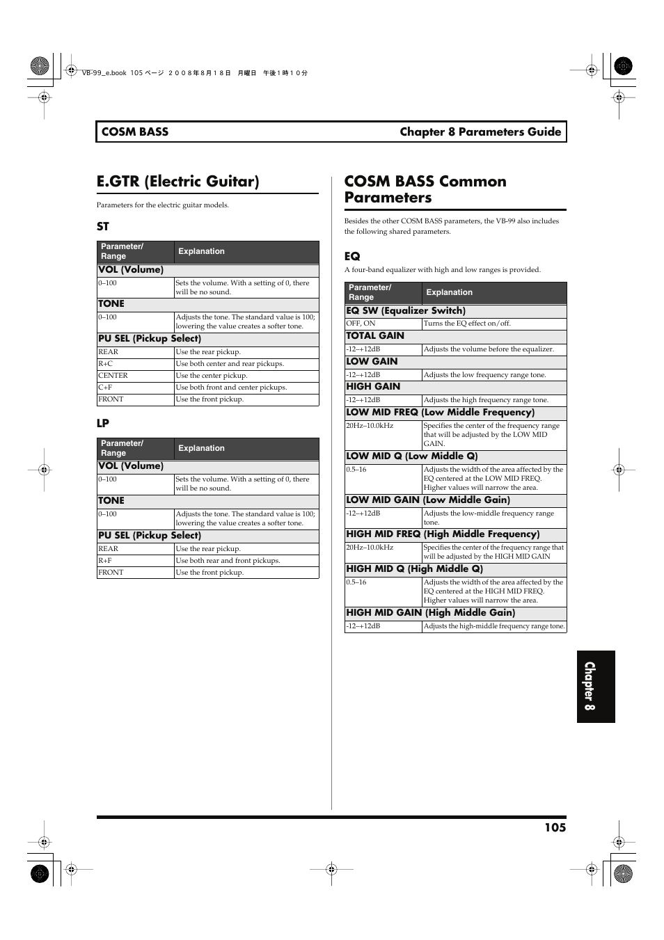 E.gtr (electric guitar), Cosm bass common parameters, Chapter 8 | Roland V-Bass VB-99 User Manual | Page 105 / 184