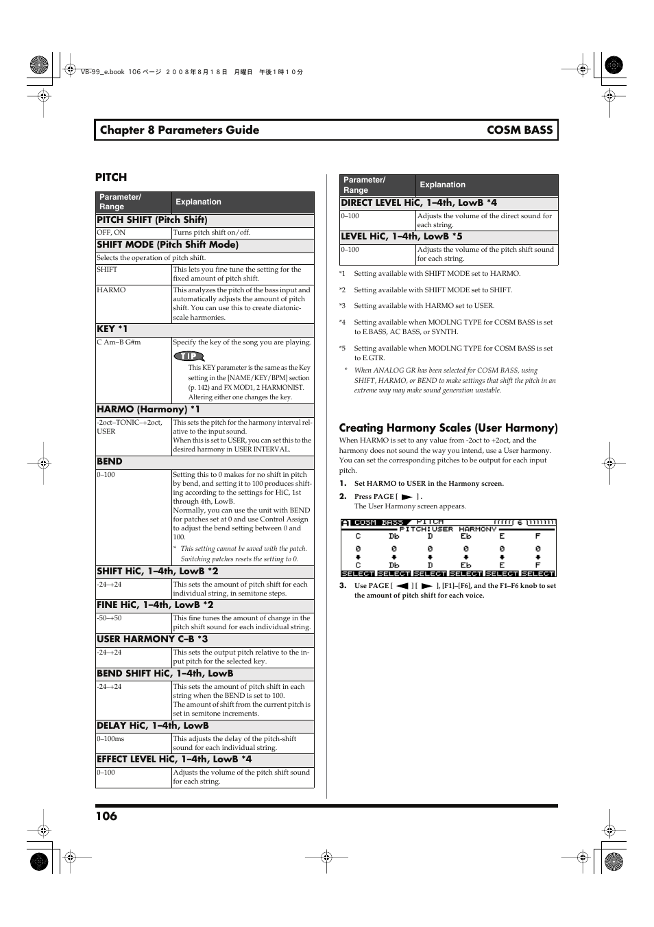 106 chapter 8 parameters guide cosm bass pitch, Creating harmony scales (user harmony) | Roland V-Bass VB-99 User Manual | Page 106 / 184
