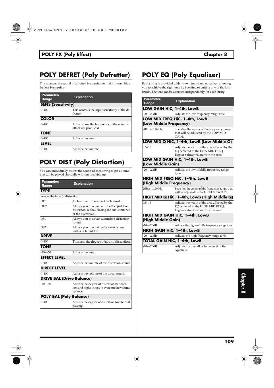 Poly defret (poly defretter), Poly dist (poly distortion), Poly eq (poly equalizer) | Chapter 8 | Roland V-Bass VB-99 User Manual | Page 109 / 184