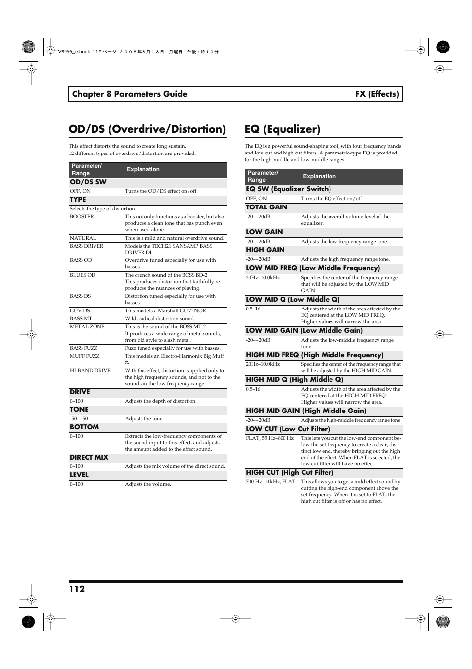 Od/ds (overdrive/distortion) eq (equalizer), Od/ds (overdrive/distortion), Eq (equalizer) | 112 chapter 8 parameters guide fx (effects) | Roland V-Bass VB-99 User Manual | Page 112 / 184