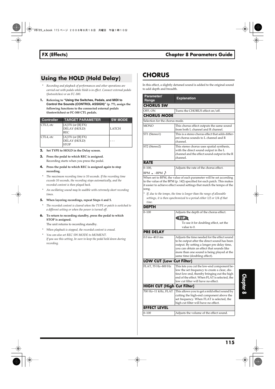 Using the hold (hold delay), Chorus, Using the hold (hold | Delay), P. 115), Chapter 8, 115 fx (effects) chapter 8 parameters guide | Roland V-Bass VB-99 User Manual | Page 115 / 184