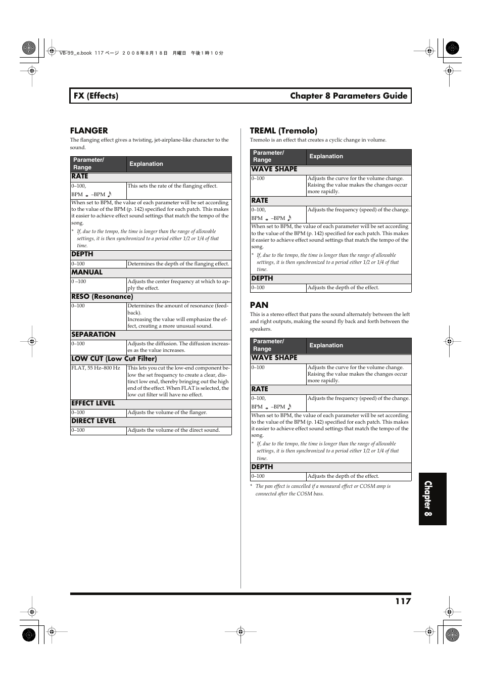 P. 117), Chapter 8, 117 fx (effects) chapter 8 parameters guide | Flanger, Treml (tremolo) | Roland V-Bass VB-99 User Manual | Page 117 / 184