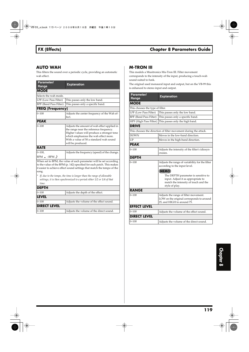 P. 119), Chapter 8, 119 fx (effects) chapter 8 parameters guide | Auto wah, M-tron iii | Roland V-Bass VB-99 User Manual | Page 119 / 184