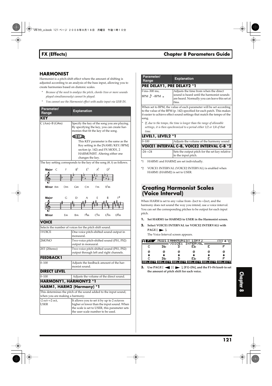Creating harmonist scales (voice interval), P. 121), Chapter 8 | 121 fx (effects) chapter 8 parameters guide, Harmonist | Roland V-Bass VB-99 User Manual | Page 121 / 184